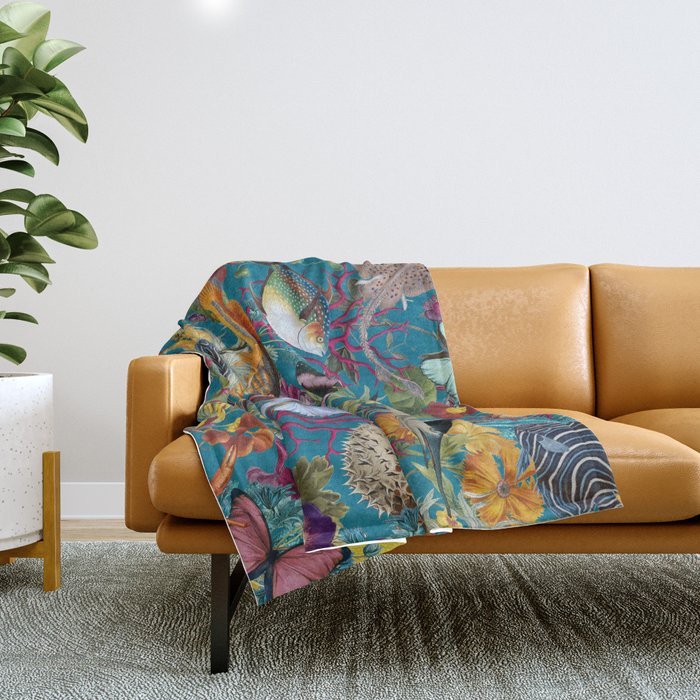 Vintage Floral Ocean on Teal Throw Blanket Gallery Image 1
