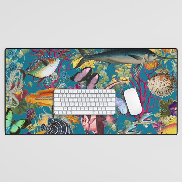 Vintage Floral Ocean on Teal Desk Mat Gallery Image 1