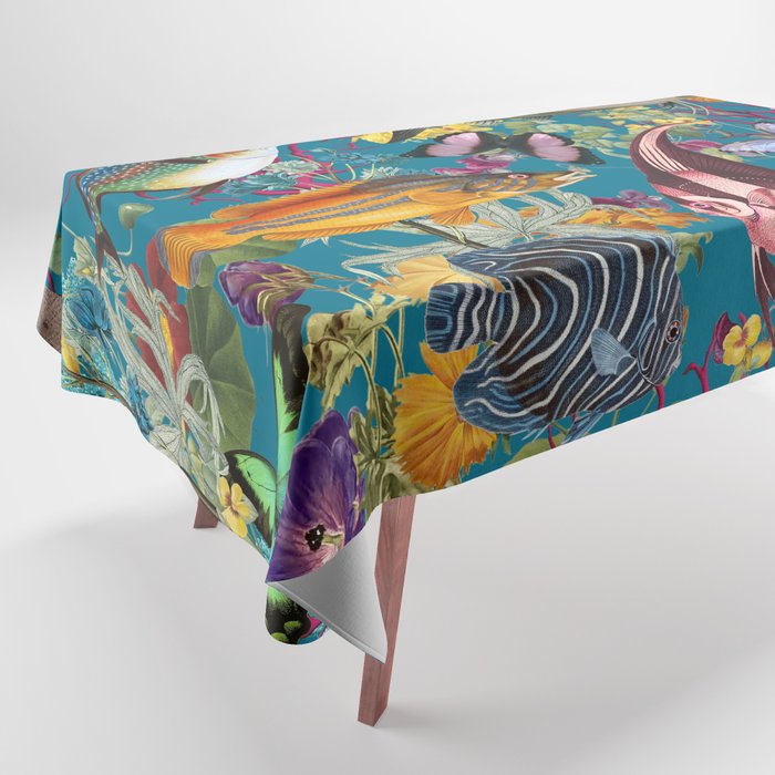 Vintage Floral Ocean on Teal Tablecloth Gallery Image 1