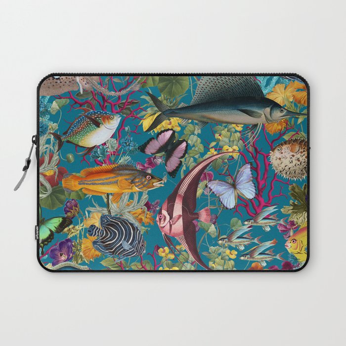 Vintage Floral Ocean on Teal Laptop Sleeve Gallery Image 1