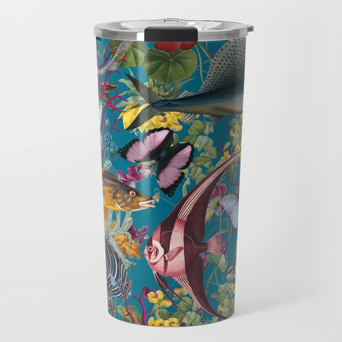 Vintage Floral Ocean on Teal Travel Mug Gallery Image 1