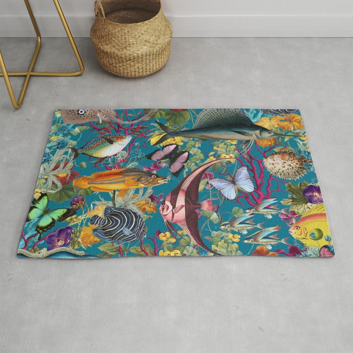Vintage Floral Ocean on Teal Rug Gallery Image 1