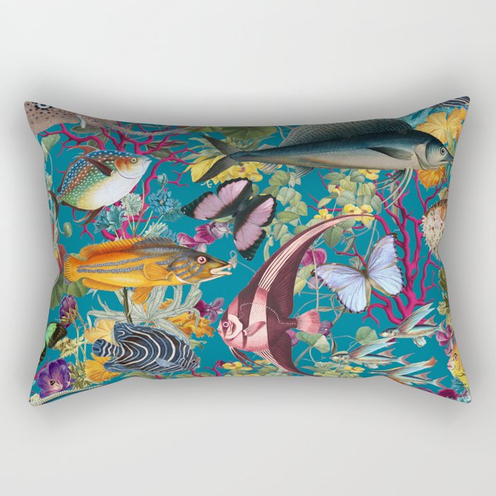 Vintage Floral Ocean on Teal Rectangular Pillow Gallery Image 2