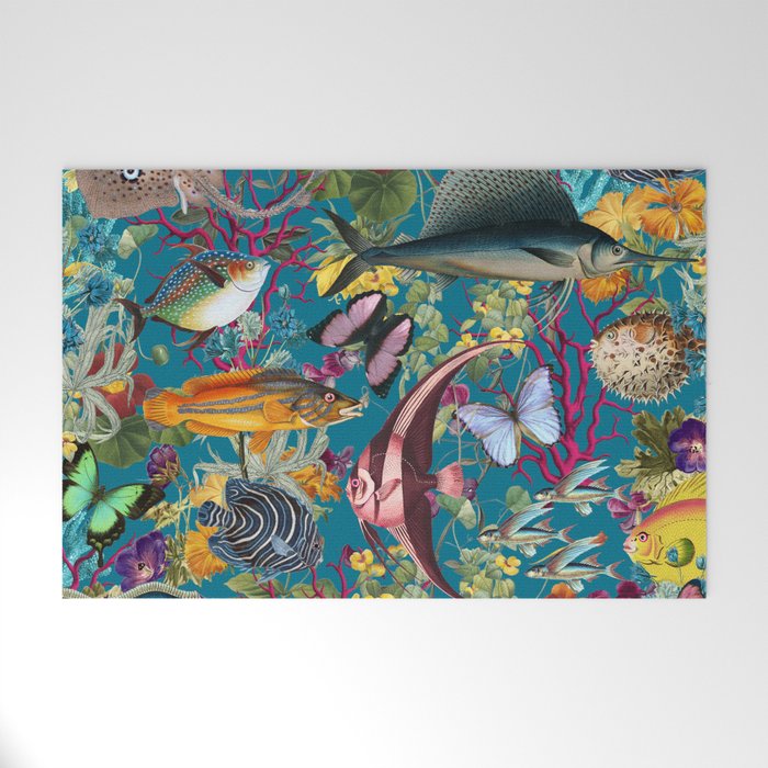 Vintage Floral Ocean on Teal Welcome Mat Gallery Image 1
