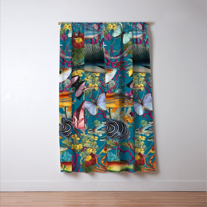 Vintage Floral Ocean on Teal Window Curtain Gallery Image 3