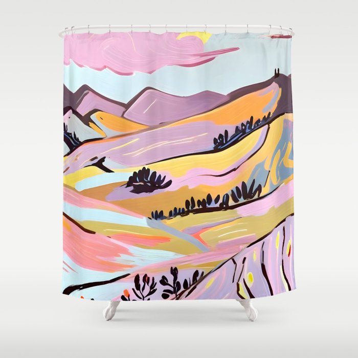 Delicious Landscape, Nature Mountains Valley Purple, Violet Lavender Adventure Outdoors Painting, Bohemian Eclectic Romantic Hills Shower Curtain Gallery Image 1