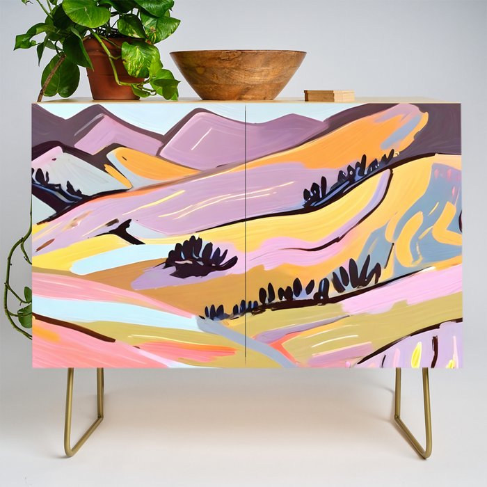 Delicious Landscape, Nature Mountains Valley Purple, Violet Lavender Adventure Outdoors Painting, Bohemian Eclectic Romantic Hills Credenza Gallery Image 1