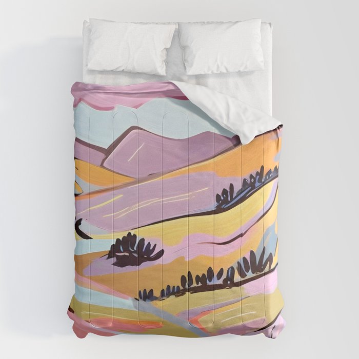 Delicious Landscape, Nature Mountains Valley Purple, Violet Lavender Adventure Outdoors Painting, Bohemian Eclectic Romantic Hills Comforter Gallery Image 6