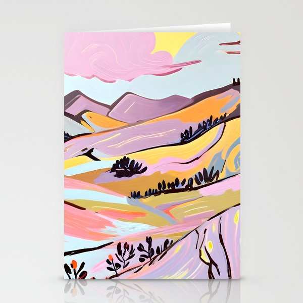 Delicious Landscape, Nature Mountains Valley Purple, Violet Lavender Adventure Outdoors Painting, Bohemian Eclectic Romantic Hills Stationery Card Gallery Image 1