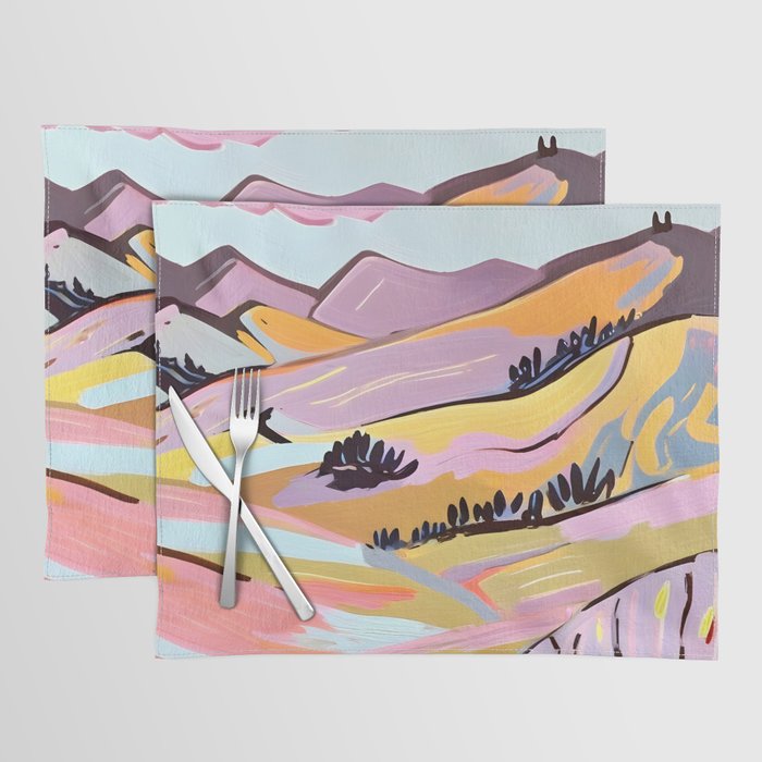 Delicious Landscape, Nature Mountains Valley Purple, Violet Lavender Adventure Outdoors Painting, Bohemian Eclectic Romantic Hills Placemat Gallery Image 1