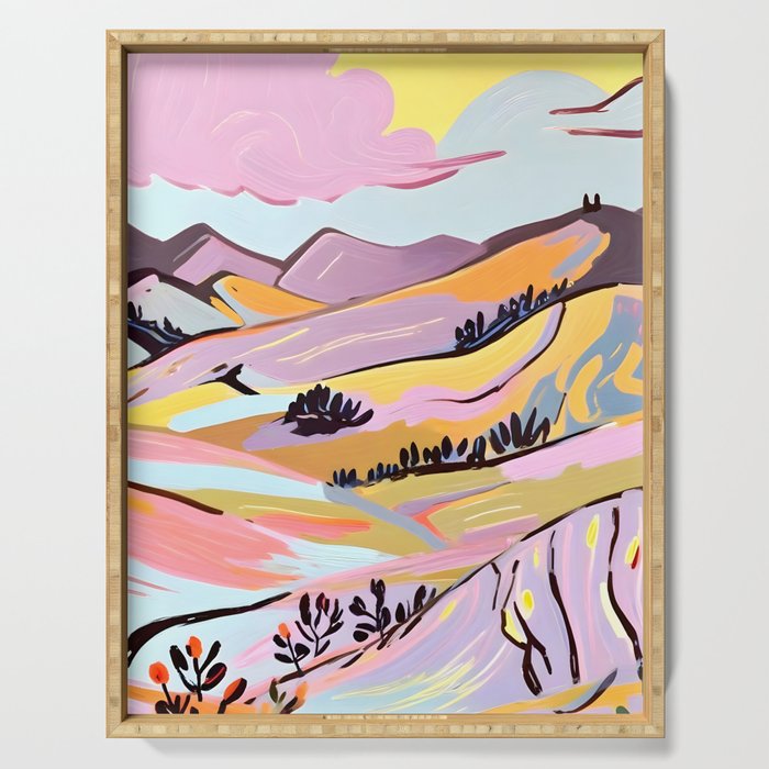 Delicious Landscape, Nature Mountains Valley Purple, Violet Lavender Adventure Outdoors Painting, Bohemian Eclectic Romantic Hills Serving Tray Gallery Image 1
