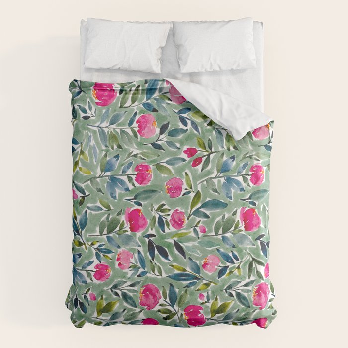 Popping Peonies - Green Duvet Cover Gallery Image 1