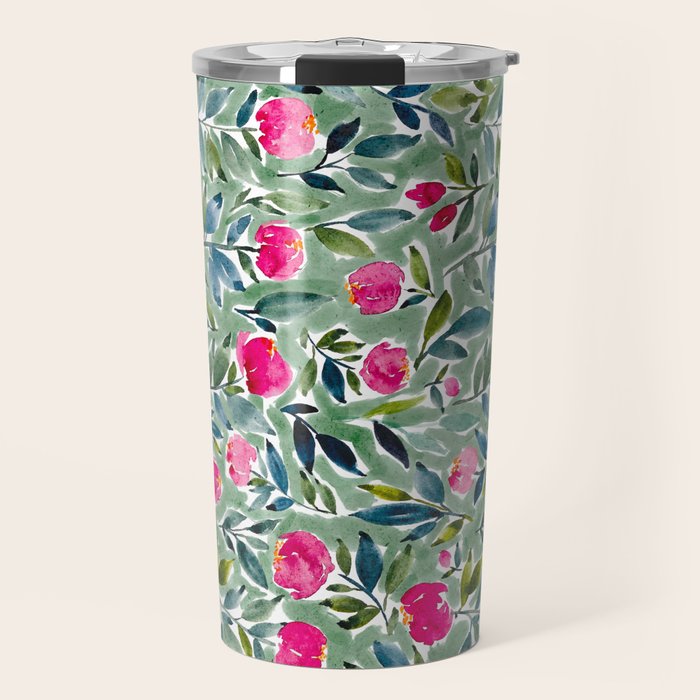 Popping Peonies - Green Travel Mug Gallery Image 1