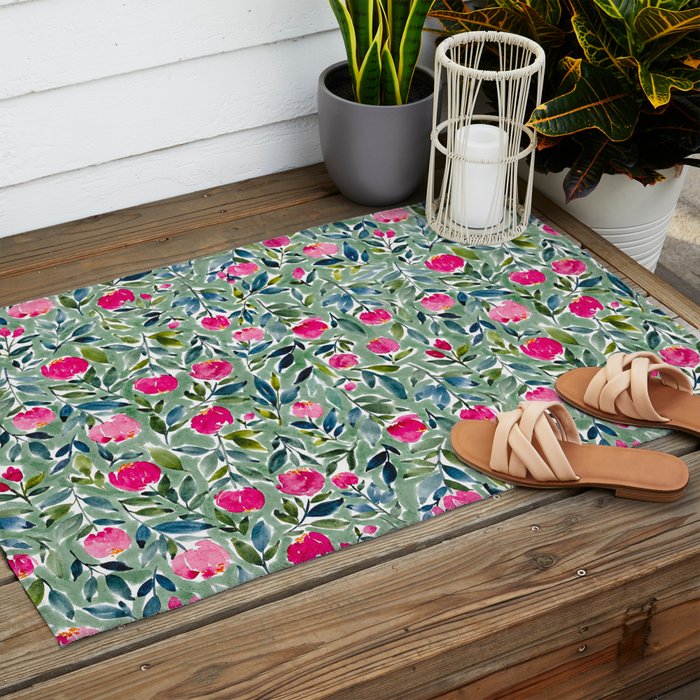 Popping Peonies - Green Outdoor Rug Gallery Image 2