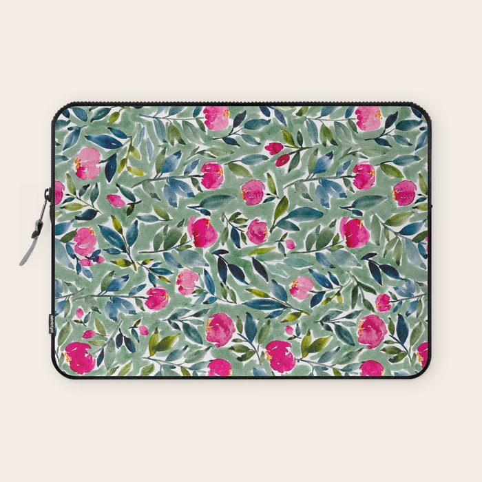 Popping Peonies - Green Laptop Sleeve Gallery Image 1