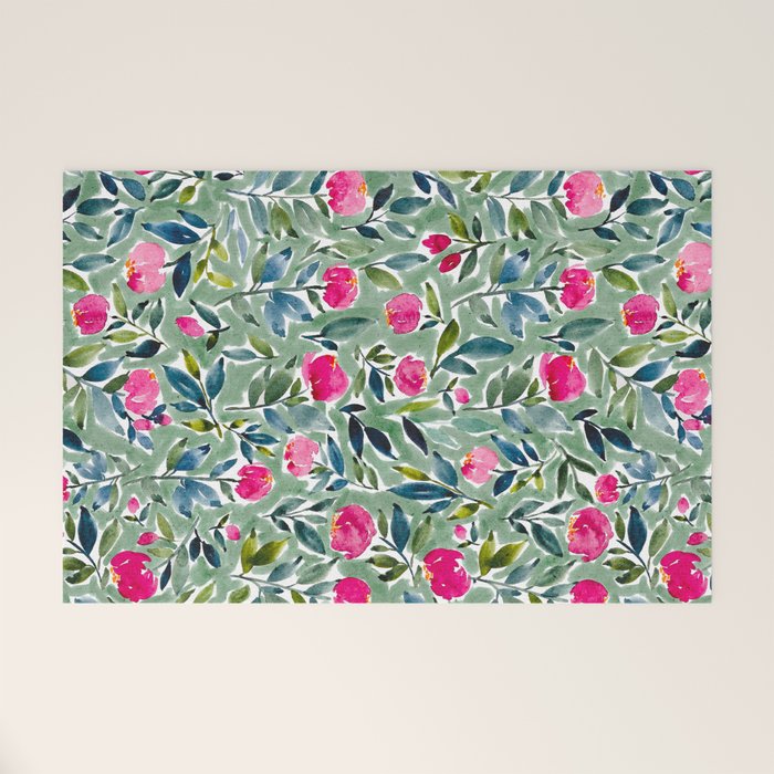 Popping Peonies - Green Welcome Mat Gallery Image 1