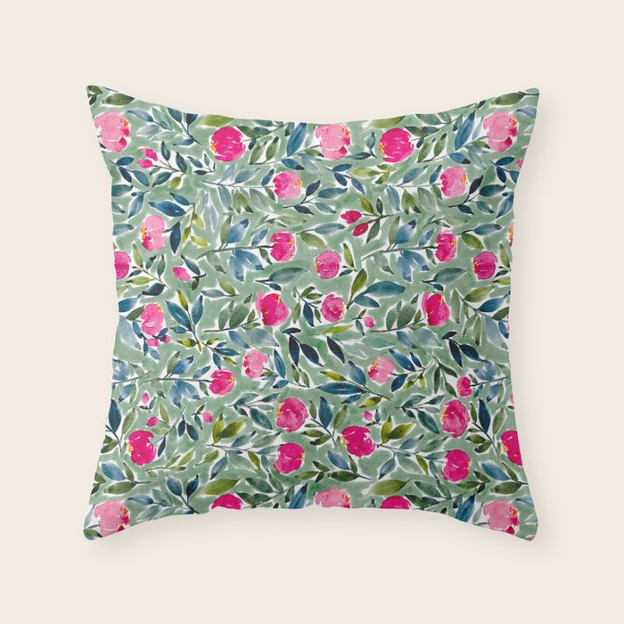 Popping Peonies - Green Throw Pillow Gallery Image 1