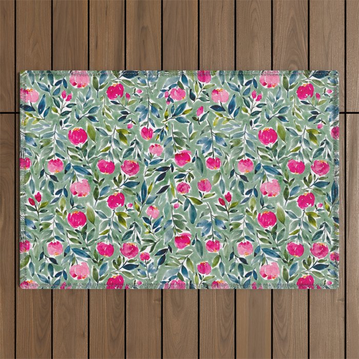 Popping Peonies - Green Outdoor Rug Gallery Image 1