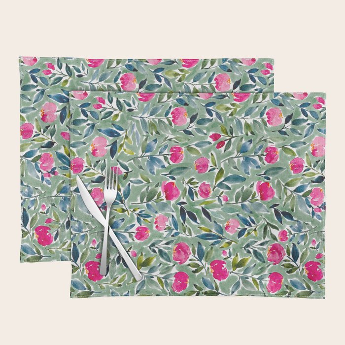 Popping Peonies - Green Placemat Gallery Image 1