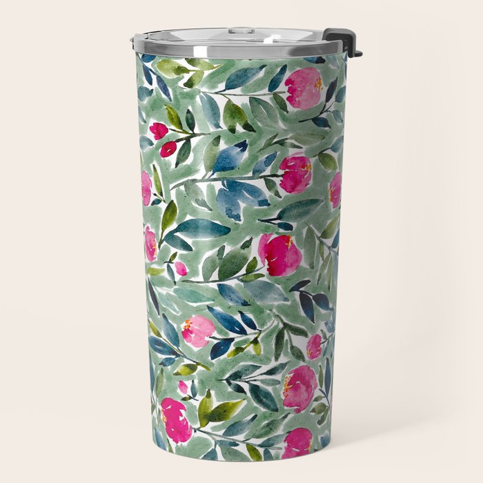 Popping Peonies - Green Travel Mug Gallery Image 2