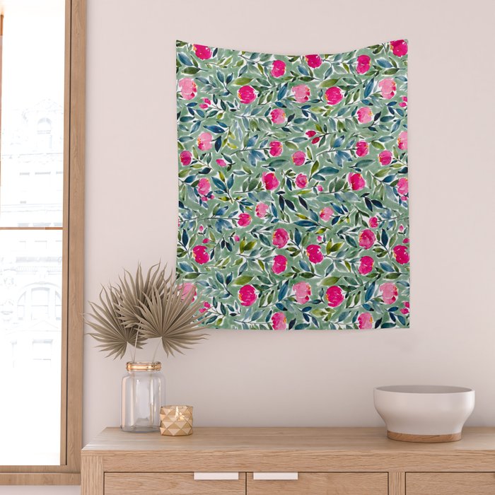 Popping Peonies - Green Wall Tapestry Gallery Image 2