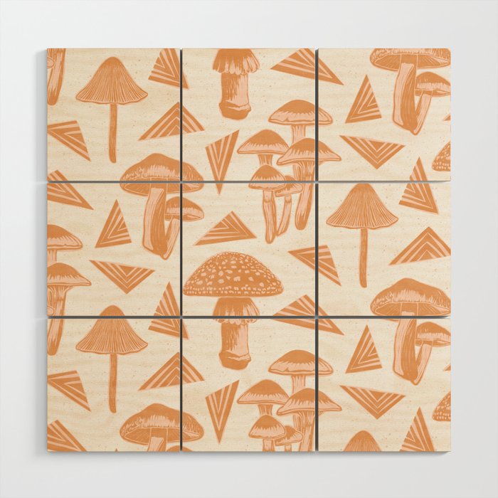Block-print Mushrooms - ochre and blush pink Wood Wall Art Gallery Image 1