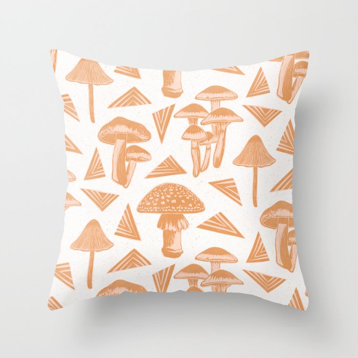 Block-print Mushrooms - ochre and blush pink Throw Pillow Gallery Image 1