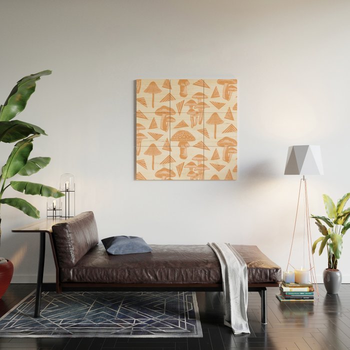 Block-print Mushrooms - ochre and blush pink Wood Wall Art Gallery Image 2