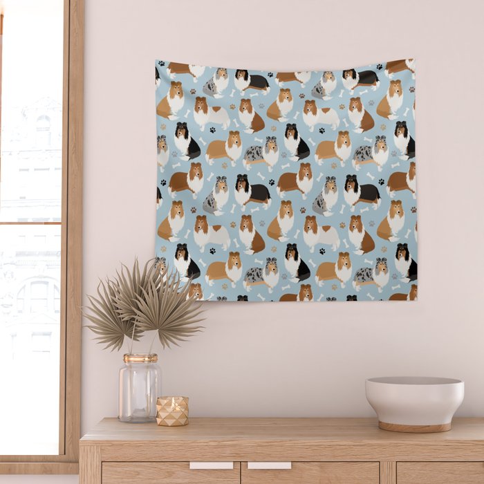 Rough Collie Dog Paws and Bones Pattern Wall Tapestry Gallery Image 2