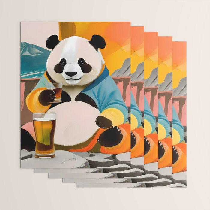 Panda Beer Buzz Series 01, Bar Drinking Weekend Wildlife, Animals Maximalist Quirky Funny Whimsical, Pet Bear Colorful Cute Eclectic Illustration  Wrapping Paper Gallery Image 3
