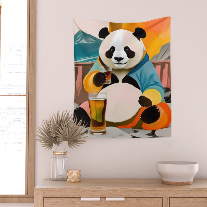 Panda Beer Buzz Series 01, Bar Drinking Weekend Wildlife, Animals Maximalist Quirky Funny Whimsical, Pet Bear Colorful Cute Eclectic Illustration  Wall Tapestry Gallery Image 2