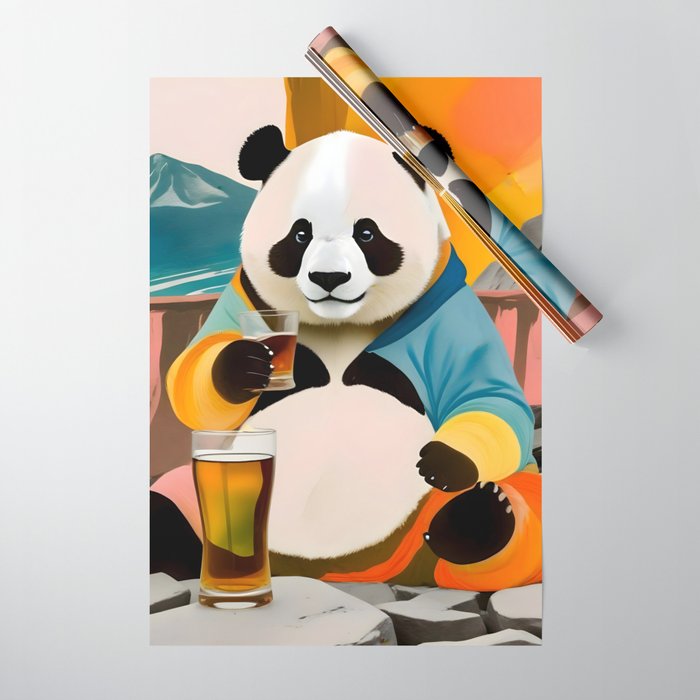 Panda Beer Buzz Series 01, Bar Drinking Weekend Wildlife, Animals Maximalist Quirky Funny Whimsical, Pet Bear Colorful Cute Eclectic Illustration  Wrapping Paper Gallery Image 1