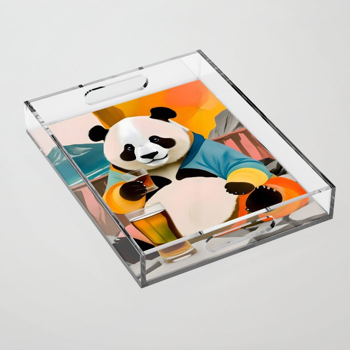 Panda Beer Buzz Series 01, Bar Drinking Weekend Wildlife, Animals Maximalist Quirky Funny Whimsical, Pet Bear Colorful Cute Eclectic Illustration  Acrylic Tray Gallery Image 1