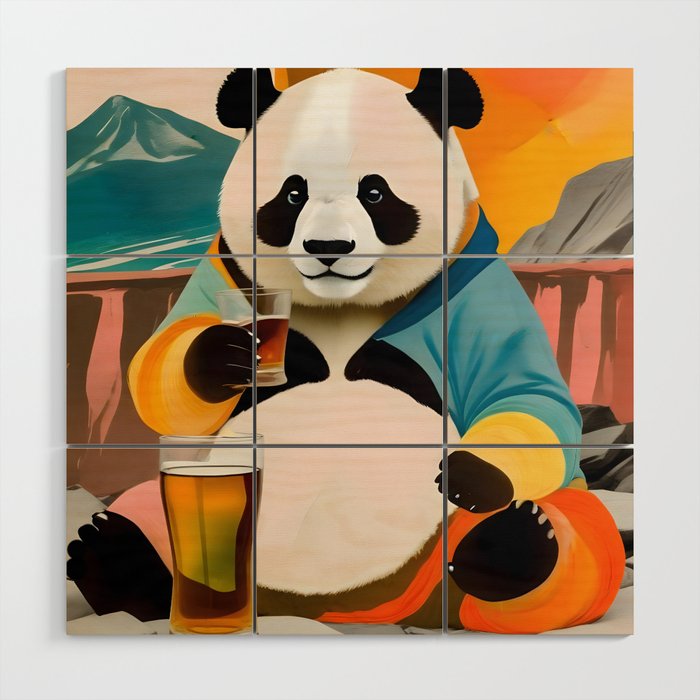 Panda Beer Buzz Series 01, Bar Drinking Weekend Wildlife, Animals Maximalist Quirky Funny Whimsical, Pet Bear Colorful Cute Eclectic Illustration  Wood Wall Art Gallery Image 1