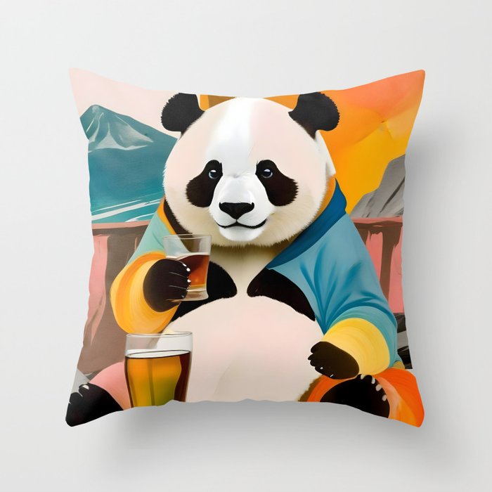 Panda Beer Buzz Series 01, Bar Drinking Weekend Wildlife, Animals Maximalist Quirky Funny Whimsical, Pet Bear Colorful Cute Eclectic Illustration  Throw Pillow Gallery Image 1