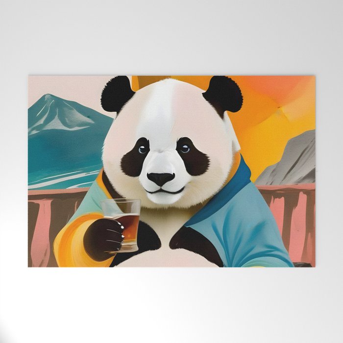 Panda Beer Buzz Series 01, Bar Drinking Weekend Wildlife, Animals Maximalist Quirky Funny Whimsical, Pet Bear Colorful Cute Eclectic Illustration  Welcome Mat Gallery Image 1