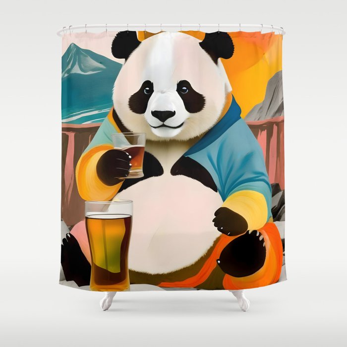 Panda Beer Buzz Series 01, Bar Drinking Weekend Wildlife, Animals Maximalist Quirky Funny Whimsical, Pet Bear Colorful Cute Eclectic Illustration  Shower Curtain Gallery Image 1