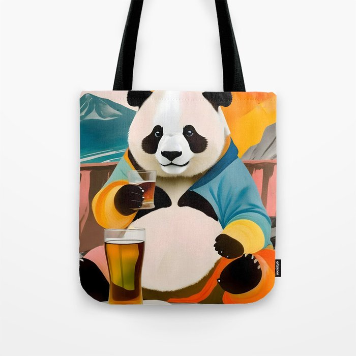 Panda Beer Buzz Series 01, Bar Drinking Weekend Wildlife, Animals Maximalist Quirky Funny Whimsical, Pet Bear Colorful Cute Eclectic Illustration  Tote Bag Gallery Image 1