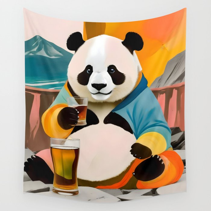 Panda Beer Buzz Series 01, Bar Drinking Weekend Wildlife, Animals Maximalist Quirky Funny Whimsical, Pet Bear Colorful Cute Eclectic Illustration  Wall Tapestry Gallery Image 1