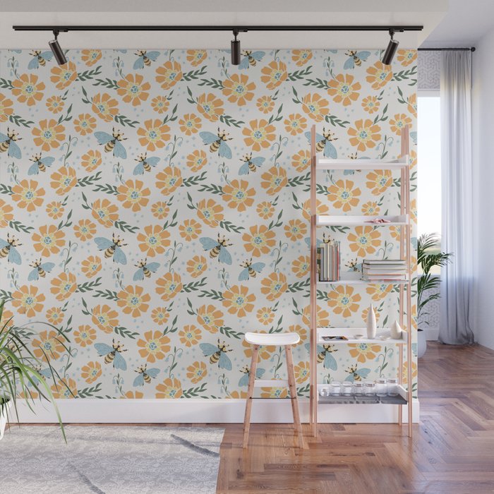 Honey Bees and Orange Flowers Wall Mural Gallery Image 1