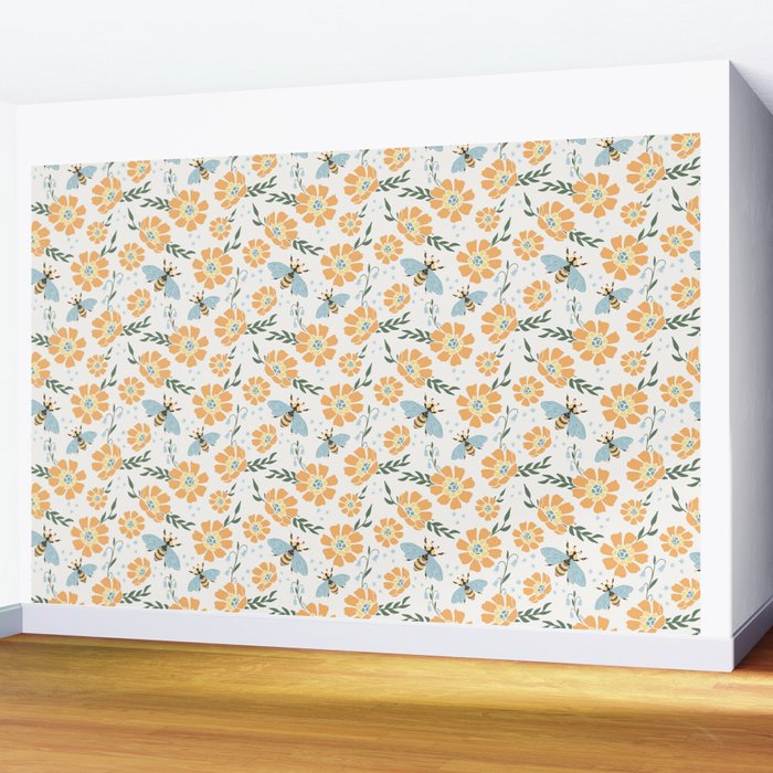 Honey Bees and Orange Flowers Wall Mural Gallery Image 2