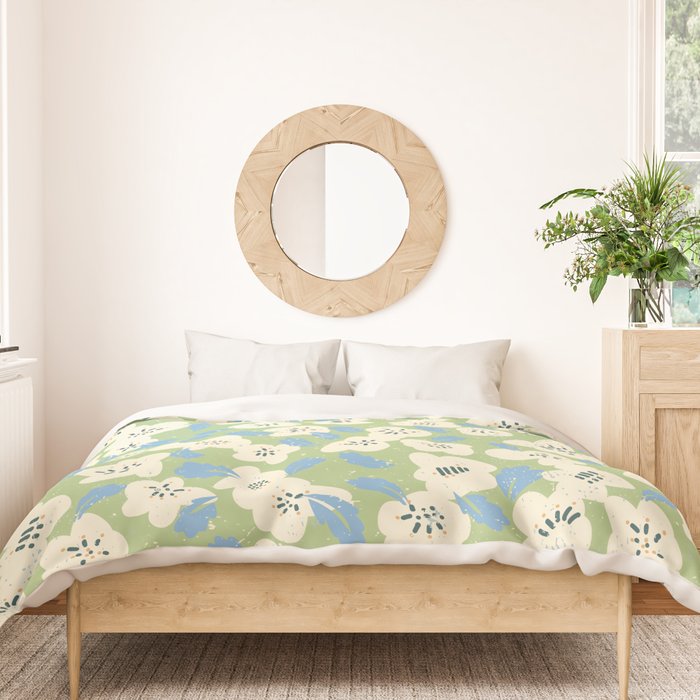 Bold flowers in my garden on chalky green Duvet Cover Gallery Image 3