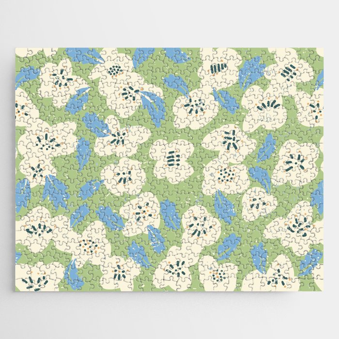 Bold flowers in my garden on chalky green Jigsaw Puzzle