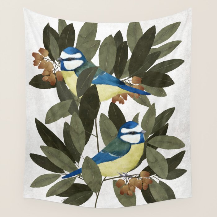 Blue tit and strawberry tree Wall Tapestry Gallery Image 1