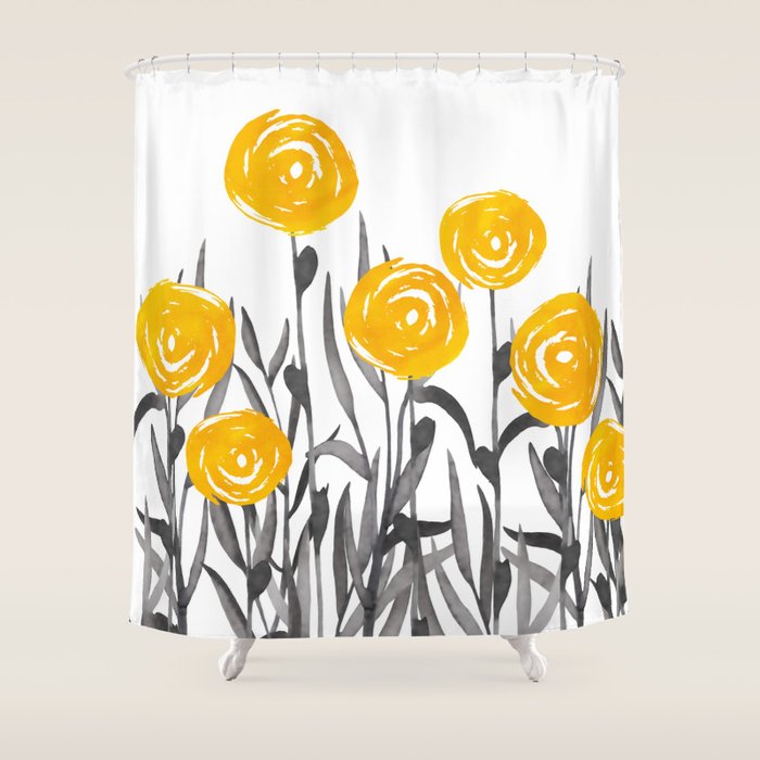 Fall Sunshine, Floral Watercolor Print, Yellow and Gray Shower Curtain Gallery Image 1