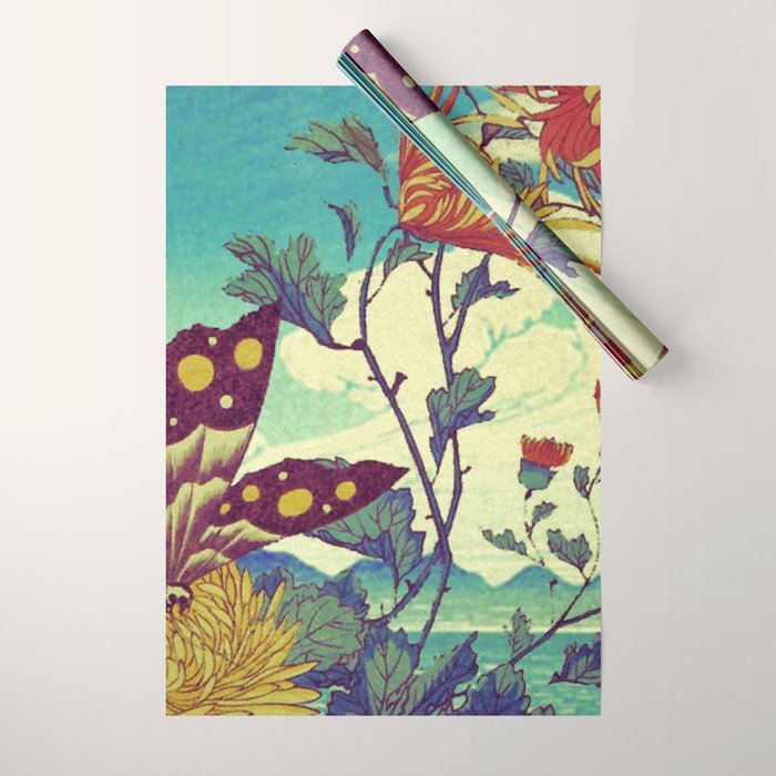 Ocean Behind Flowers at Zijhin  - Nature Ukiyo Landscape in Nature Ukiyo Landscape in Blue, Yellow, Gold, Green, Red and Orange Wrapping Paper Gallery Image 1