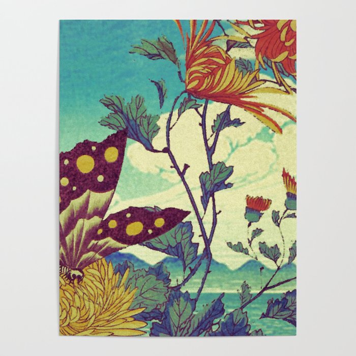 Ocean Behind Flowers at Zijhin  - Nature Ukiyo Landscape in Nature Ukiyo Landscape in Blue, Yellow, Gold, Green, Red and Orange Poster Gallery Image 4