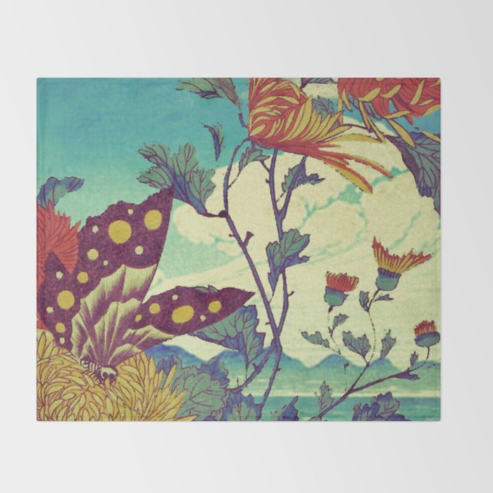 Ocean Behind Flowers at Zijhin  - Nature Ukiyo Landscape in Nature Ukiyo Landscape in Blue, Yellow, Gold, Green, Red and Orange Throw Blanket Gallery Image 2
