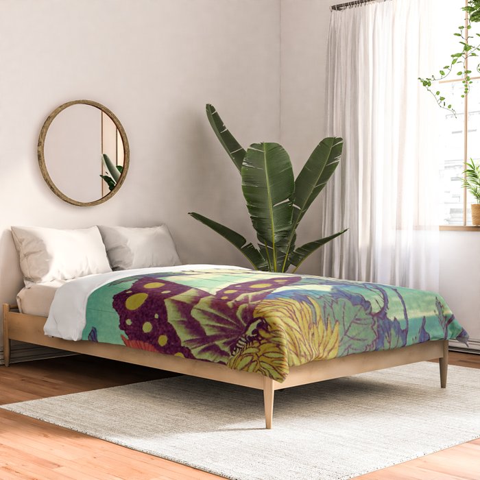 Ocean Behind Flowers at Zijhin  - Nature Ukiyo Landscape in Nature Ukiyo Landscape in Blue, Yellow, Gold, Green, Red and Orange Comforter Gallery Image 2