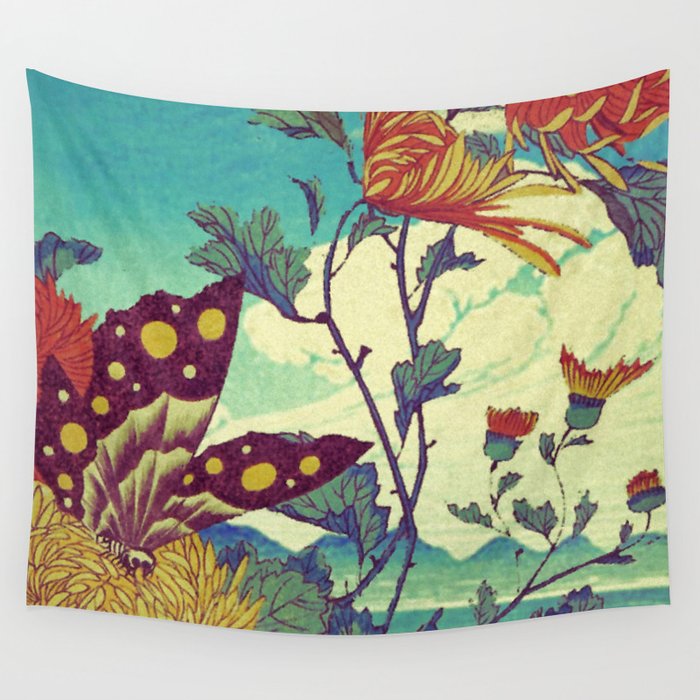 Ocean Behind Flowers at Zijhin  - Nature Ukiyo Landscape in Nature Ukiyo Landscape in Blue, Yellow, Gold, Green, Red and Orange Wall Tapestry Gallery Image 4